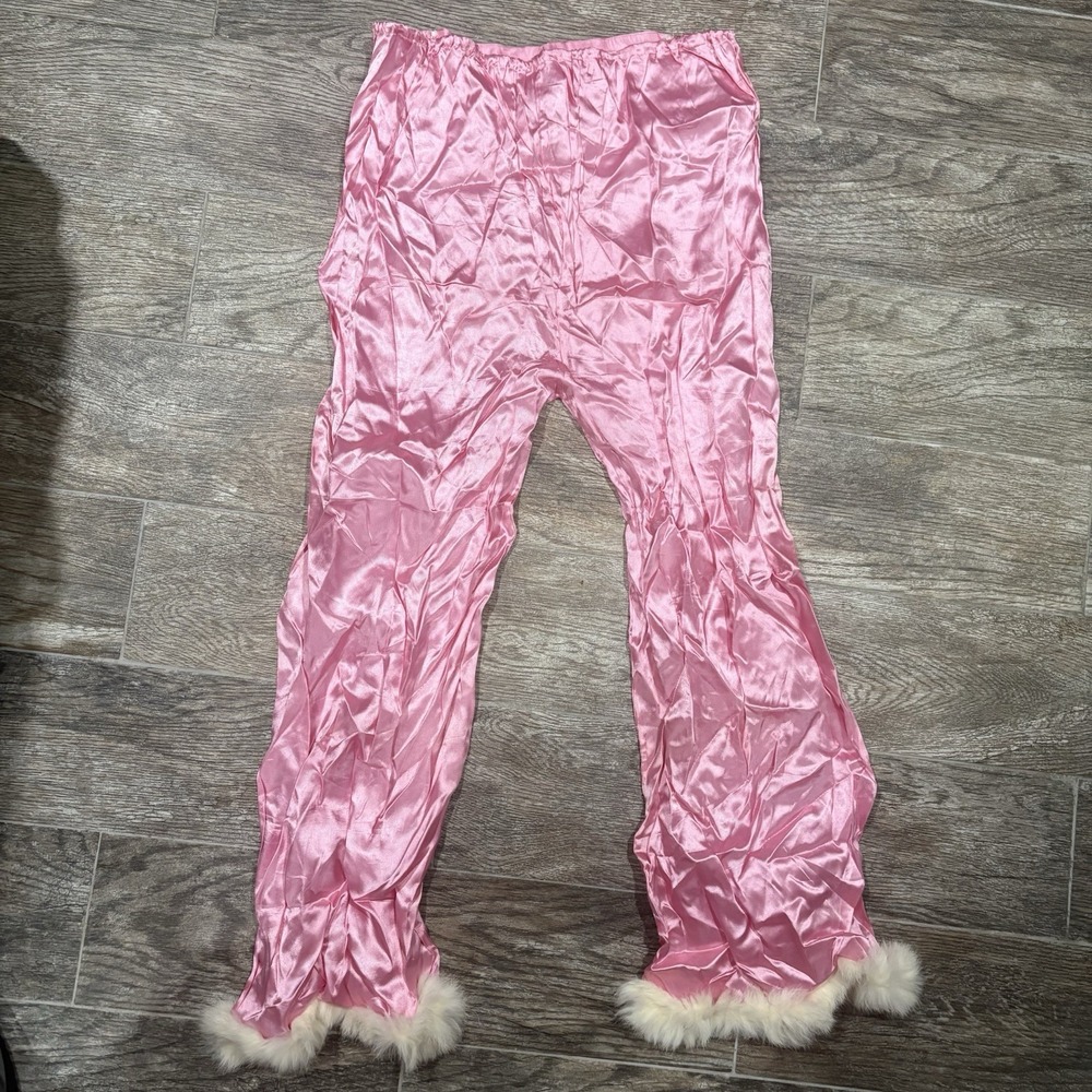 Vtg Pink‎ Satin Pajama Pants Women's L White Rabbit Fur Trim Hem Elastic Waist